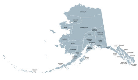 Alaska, U.S. state, gray political map, subdivided into 19 organized boroughs and 11 census areas. State on the northwest extremity of North America in the Western United States.のイラスト素材