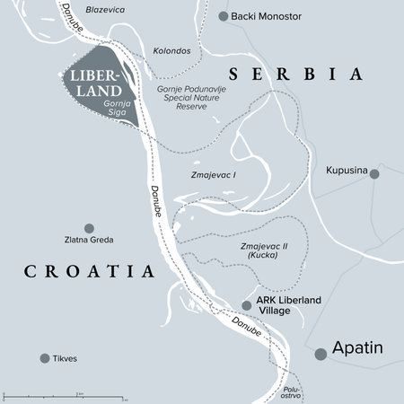 Free Republic of Liberland, gray political map with Liberland Village near Apatin. Micronation in Europe claiming an uninhabited and disputed parcel of land Gornja Siga on Danube.のイラスト素材