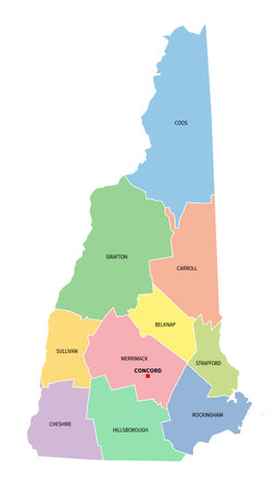 New Hampshire, U.S. state, subdivided into 10 counties, multi colored political map with capital Concord, borders and county names. State in the New England region of USA.のイラスト素材