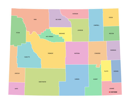 Wyoming, U.S. state, subdivided into 23 counties, multi colored political map with capital Cheyenne, borders and county names. State in the Mountain West region of United States.のイラスト素材