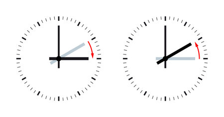 Daylight saving time, DST, analog clock faces. When DST observation begins, clocks are advanced by one hour. When DST ends, clocks are turned back one hour.のイラスト素材