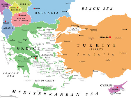 Aegean Sea region, with Aegean Islands, multi colored political map. Elongated embayment of the Mediterranean Sea, located between Europe and Asia, between the Balkans and Anatoliaのイラスト素材