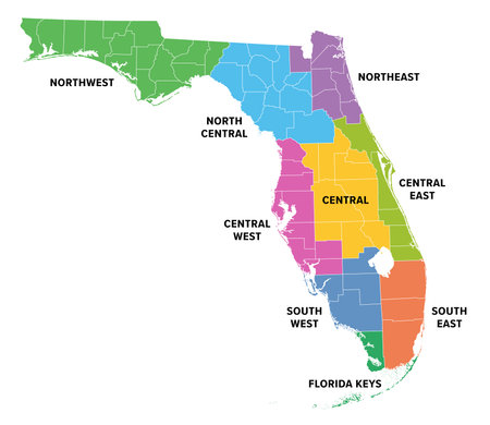 Regions of Florida, a state in the Southeastern United States, colored map. Frequently used division of the U.S. state into 9 main regions, and with boundaries of 67 counties.のイラスト素材