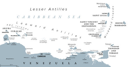 Hurricane free Caribbean islands, gray political map. Leeward Antilles and Windward Islands are safest from hurricanes.のイラスト素材