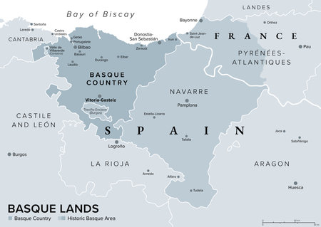 Basque Lands, gray political map. Basque Country, autonomous community in Spain with capital Vitoria-Gasteiz in dark gray, and historic Basque area in dark and lighter gray colors.のイラスト素材