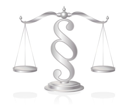 Scales of Justice, a silver colored symbol of measuring support and opposition of a case. Set of scales in balance on a paragraph sign.のイラスト素材