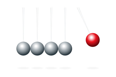 Newton's cradle with red sphere. Device that demonstrates the principles of conservation of momentum and of energy in physics.のイラスト素材