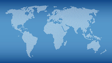World map with radial dot pattern on steel blue background. White dots going from the center outwards and form the silhouette of the surface of the Earth except Antarctica.のイラスト素材