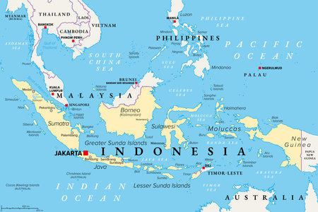 Indonesia, country in Southeast Asia and Oceania, political map. Republic and archipelago with capital Jakarta, and largest islands Sumatra, Java, Sulawesi, and parts of Borneao.のイラスト素材