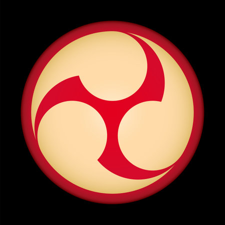 Japanese tomoe design, a comma-like swirl symbol and taiko drum pattern. Left threefold Mitsudomoe, a swirl of 3 commas or tadpoles on a red circle on black background.のイラスト素材