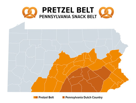 Pretzel Belt, or Pennsylvania Snack Belt, political map. Cultural region in the U.S. state Pennsylvania, where about 80 percent of all pretzels consumed in the US are manufactured.のイラスト素材