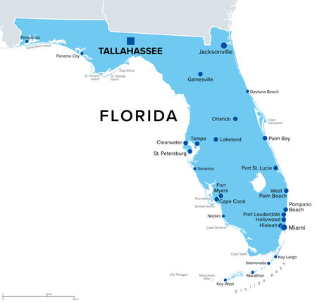 Florida, U.S. state, political map. State in the southeastern region of the United States with capital Tallahassee and largest cities. Nicknamed The Sunshine State.のイラスト素材