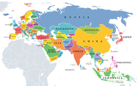 Eurasia, political map with individually colored states. Largest continental area on Earth, comprising all landmasses of Europe and Asia.のイラスト素材