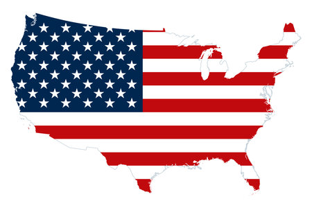 United States silhouette with pattern of the national flag. The Stars and Stripes motif, also called Old Glory, or Star-Spangled Banner inserted into the outline of the USA.のイラスト素材