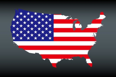 Silhouette of the United States map filled with the American flag, the Old Glory, or Star-Spangled Banner. Stars and stripes stretched across the country contours.のイラスト素材