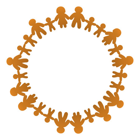 Circle with gingerbread figures holding hands. Men, women, and children standing in a circle and holding hands. Connected people forming a circle to express family, friendship, etcのイラスト素材