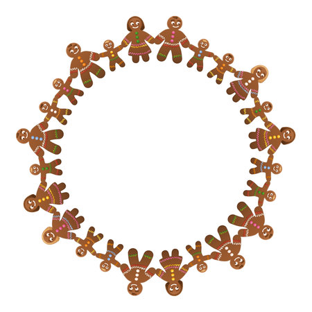Circle frame with gingerbread figures holding hands. Decorative border of gingerbread men, women and children, forming groups and families, expressing friendship, teamwork, etc.のイラスト素材