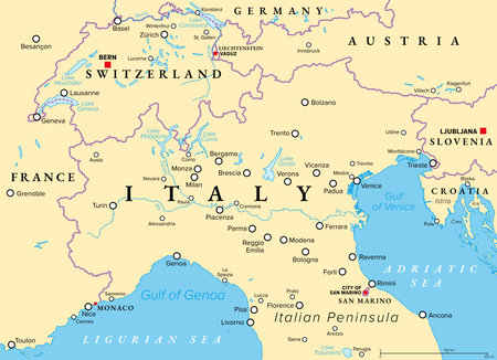 Northern Italy, political map. Geographical and cultural region in the northern part of Italy, a country in Europe. With international borders, important and largest cities.のイラスト素材
