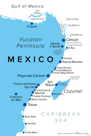 Riviera Maya in Mexico, political map, with Cancun, a city on the Yucatan Peninsula coast, north of the Mayan Riviera. Caribbean coast resort with the island Cozumel.のイラスト素材