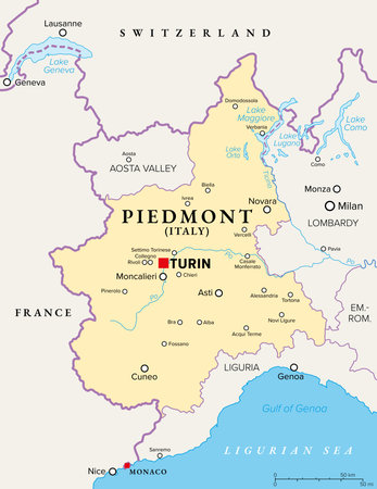 Piedmont region in northwest Italy, political map. Second largest Italian region with capital Turin.のイラスト素材