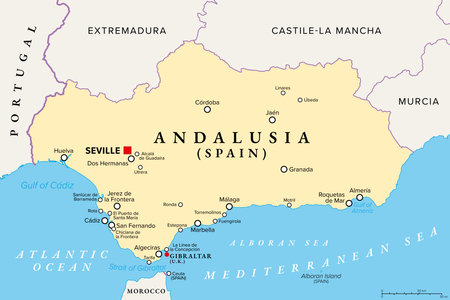 Andalusia, a region of Spain, with capital Seville, political map. Southernmost autonomous community in Peninsular Spain, located in the south of the Iberian Peninsula.のイラスト素材
