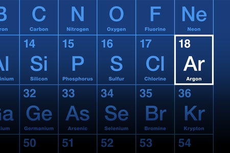 Argon element on the periodic table. Noble gas with atomic number 18 and symbol Ar from Greek word argon, meaning lazy or inactive. Used as inert shielding gas, incandescent, etc.のイラスト素材