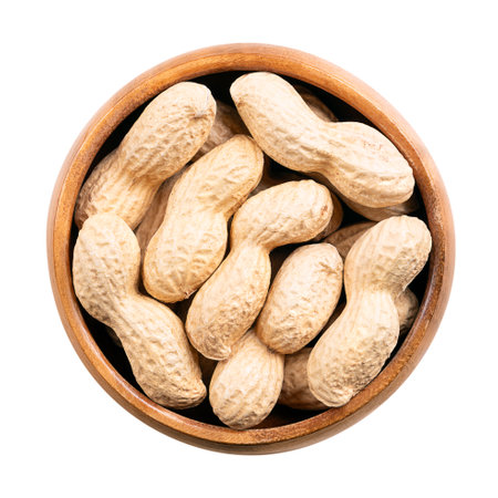 In-shell peanuts in a wooden bowl. Whole, crunchy nut, fruits of Arachis hypogaea, encased in its natural shell. Light golden snack food with natural, nutty aroma.の写真素材