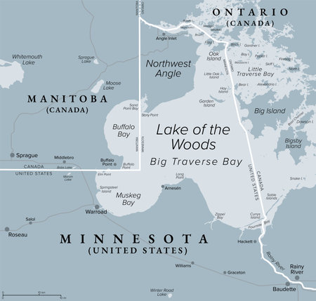 Northwest Angle, gray political map. Exclave of northern Lake of the Woods County, Minnesota, forming a border between Canada and USA. Known simply as the Angle.のイラスト素材