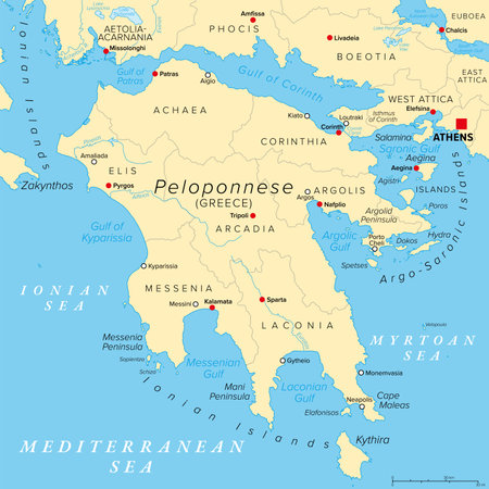 Peloponnese, peninsula and geographic region in Greece. Political map with regional units and seats. Southernmost region of the Balkans, also known as Peloponnesus or Morea.のイラスト素材