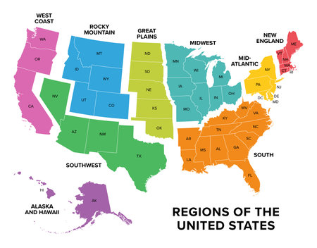 Nine regions of the United States, multi colored map. West Coast, Rocky Mountain, Great Plains, Midwest, Mid-Atlantic, New England, Alaska and Hawaii, Southwest, and the South.のイラスト素材