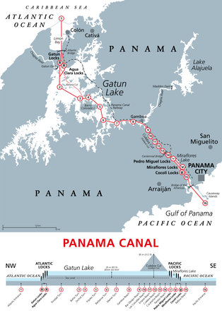 Panama Canal, gray political map and schematic diagram, with the sequence of locks and passages, that was expanded in 2016.のイラスト素材