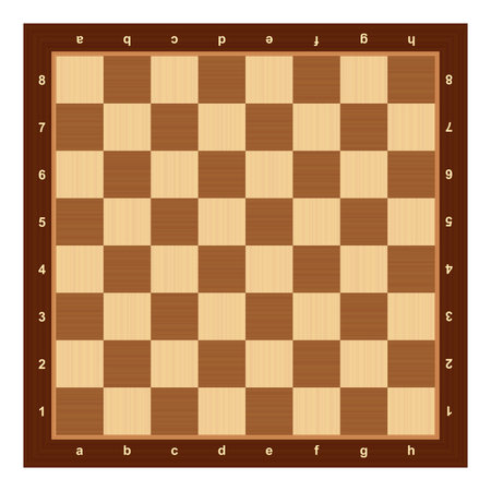 Wooden chessboard, 8x8 game board with algebraic notation, for playing chess or checkers. Standard form with checkerboard pattern, consisting of 64 square shaped fields.のイラスト素材