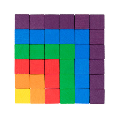Square number, or perfect square, visualized with wooden color cubes. Integer that is the square of...
