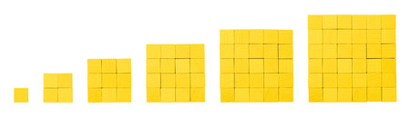 Yellow wooden cubes, arranged in squares, visualizing square numbers and perfect squares from 1 to...