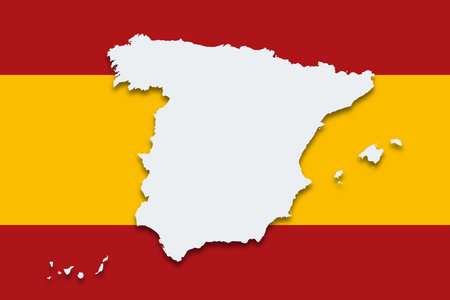 Spain, country silhouette on civil flag. Gray outlines of the Kingdom of Spain with cast shadow on the Bandera. Horizontal banner of two red stripes and a yellow one.の写真素材