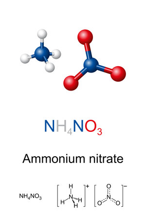 Ammonium nitrate, chemical formula and molecular structure. Chemical compound with formula NH4NO3,...