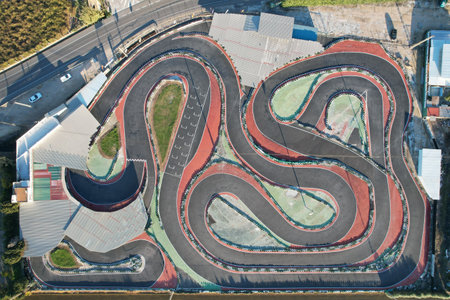 Top-down Drone Video of Go-karts Racing at Karting Las Palmeras, Sueca, Valenciaの写真素材