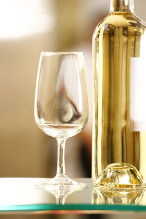 White wine glass with white wine bottle and pumpkinの写真素材
