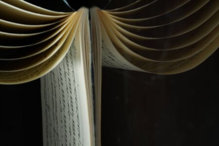 Close-up of book pages and spine. Open Book pages flipped through held upside downの写真素材
