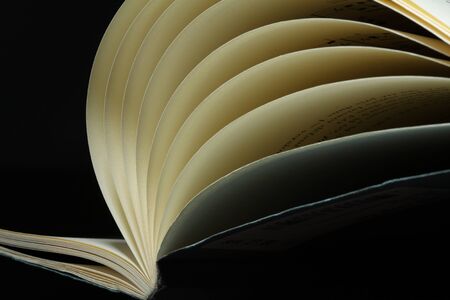 Close-up of book pages and spine. Open Book pages flipped through with yellow pagesの写真素材