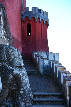 View of Palace da Pena - Sintra, Lisbon, Portugal - European travel. Stairs towards the castleのeditorial素材
