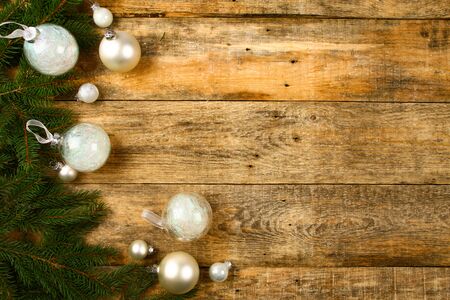 Christmas background with wooden background, pin, christmas balls, flat Designの写真素材