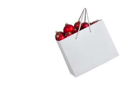 Christmas Background Concepts with christmas balls and and gifts bag and copy spaceの写真素材