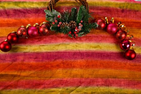 Christmas background with wooden background, pin, christmas balls, flat Designの写真素材