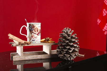 christmas setting with hot drink with copy spaceの写真素材