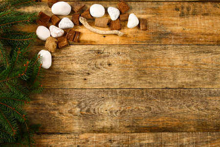 Christmas ornaments on wooden backgroundの写真素材