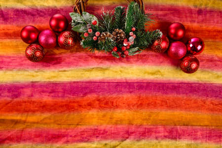 Christmas background with wooden background, pin, christmas balls, flat Designの写真素材