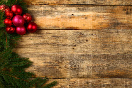 Christmas background with wooden background, pin, christmas balls, flat Designの写真素材