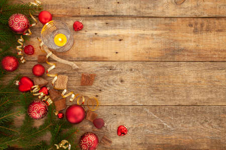 Christmas background with wooden background, pin, christmas balls, flat Designの写真素材