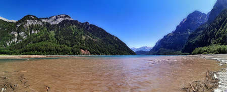 Swiss mountains and lake. Scenic Alps and lane view. Trekking and outdoor lifestyleの写真素材